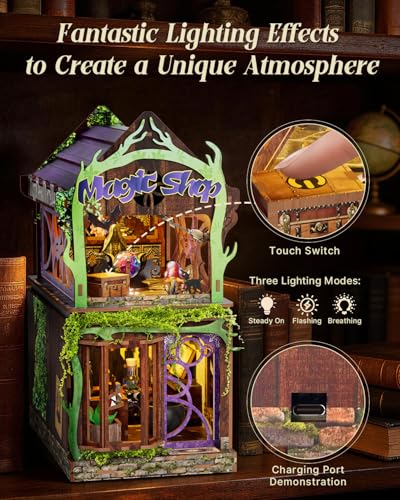 Book Nook Kit, 3D Wooden Puzzle for Adult, DIY Miniature House Kit for Adult, Booknook with LED Light, Gifts for Family, Friend and Book Lovers, Bookshelf Decor(Magic Shop) - color: Magic Shop