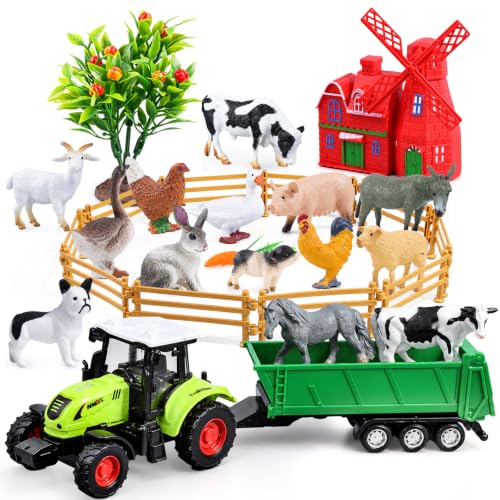 SIENON 26Pcs Mini Realistic Farm Animals Figures with Tractor Toys - size: Mini Farm Toy Tractor Set