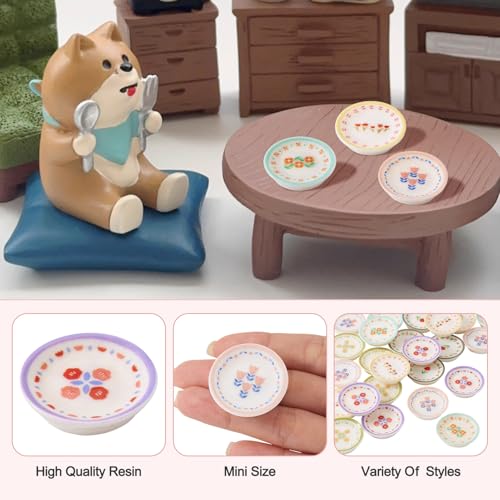 FASHEWELRY 24Pcs Mini Plates Dollhouse Miniature Accessories Resin Plate with Flower Pattern Playhouse Dishes Kitchen Tableware Models for Micro Landscape Decoration Pretend Kitchen Play Game - color: Round Plate With Floral