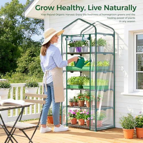 Mini Greenhouse for Outdoors Indoor: Ohuhu 23 x 19 x 75-Inch Small Plants Green House with 5 Tier Shelves, Portable Plastic Greenhouses with Heavy Duty Clear PVC Cover for Garden Patio Porch Balcony - color: Clear, size: 5 Tier Single Layer Roof