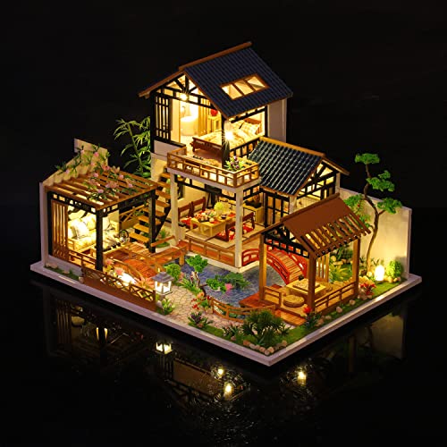 GuDoQi DIY Miniature Dollhouse Kit, Tiny House kit with Furniture, Miniature House Kit 1:24 Scale, Great Handmade Crafts Gift for Birthday Christmas Day, Villa with Courtyard - color: Villa With Courtyard