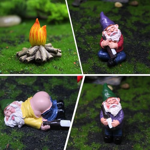 Miniature Garden Gnome Set with Campfire, 4 Piece Outdoor Indoor Decorative Resin Figurines, Sleeping Dwarfs for Yard Patio Lawn, 1.18-2.72 Inch - color: 4 Pcs Gnomes Campfire Set