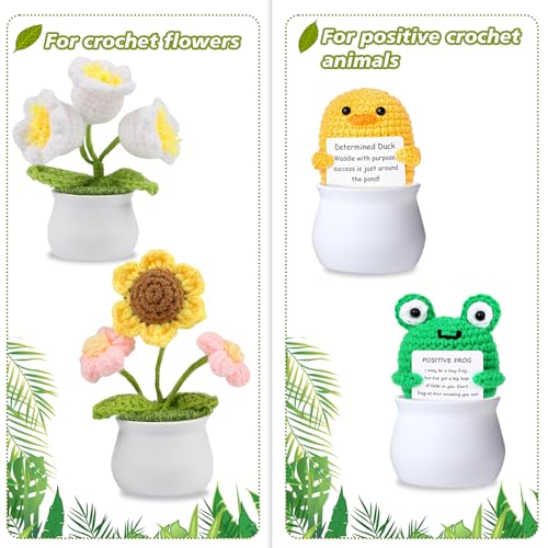 FINGOOO 2 Inch Little White Pots, 12 Pack Plastic Plant Pots with Foam and Simulated Lawn for Crochet Flowers Knit Plants DIY Craft Home Desk Decor