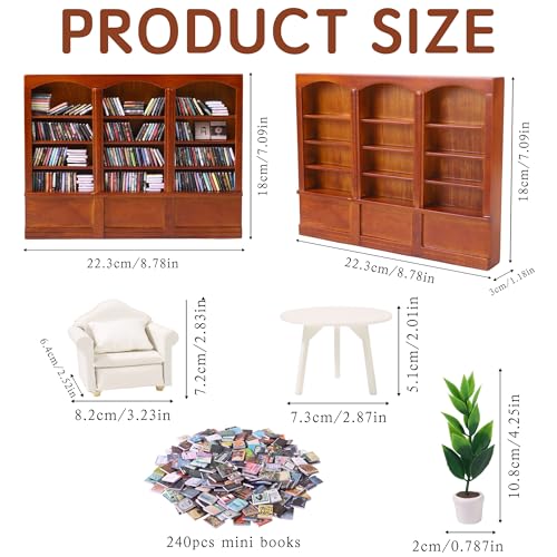 Mini Bookshelf with 240pcs Mini Books Sofa Desk Plant Dollhouse Bookshelf - style: Mini Books with Big Bookshelf