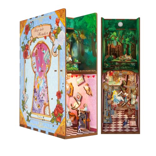 Tonecheer DIY Book Nook Kit for Adults,3D Wooden Puzzle Bookend Bookshelf Insert Library Decor, Booknook Miniature House Kit with Body Motion Sensor LED Light (Step into Wonder) - color: Step into Wonder