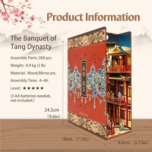 Tonecheer DIY Book Nook Kit for Adults, 3D Wooden Puzzle Bookend Bookshelf Insert Decor, Chinese Booknook Miniature House Kit with Body Motion Sensor LED Light (The Banquet of Tang Dynasty) - color: The Banquet of Tang Dynasty