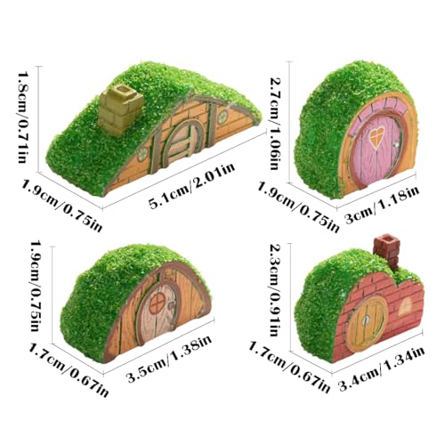 Set of 4 Flocked Miniature Fairy Garden House Accessories, Mini Resin Gnome Elf House Figurines for DIY Micro Landscape Decor Outdoor Bonsai, Terrarium, Planter Flower Pot Ornaments - color: Gnome House