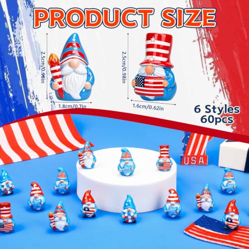 60 Pcs Patriotic Mini Resin Gnomes 6 Style 4th of July Tiny Gnomes Figures to Hide Independence Day Miniature Decor for DIY Craft Projects Party Favors and Desk Decor - color: Patriotic