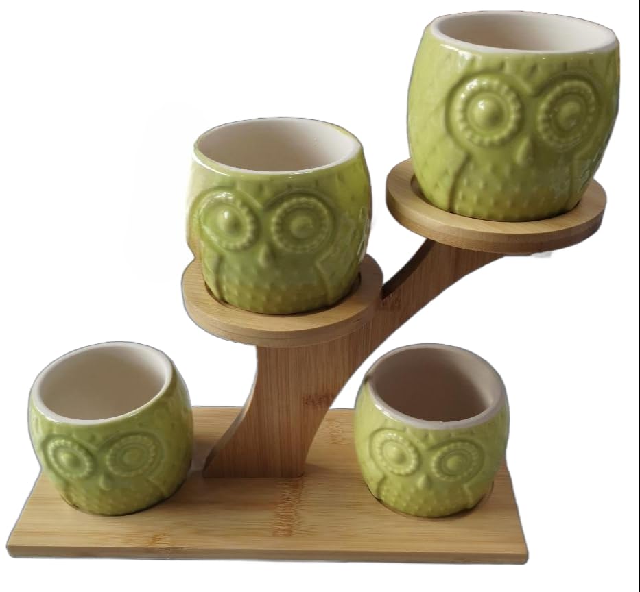 Blisse Ceramic/Wood Decorative Owl Planter for Succulents, Cactus, and Other Small Flowers, Set of 4 Same Colored Owls (Green) - color: Green