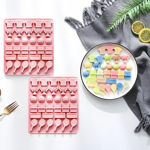 2PCS Tennis Chocolate Mold 32 Cavities Tennis Sports Silicone Candy Molds Trophy Cup Ball Racket Shapes Ice Cube Molds Tennis Mould for Chocolate Candy Fondant Jello Sugar Baking Craft Cupcake Decor - color: Pink 2