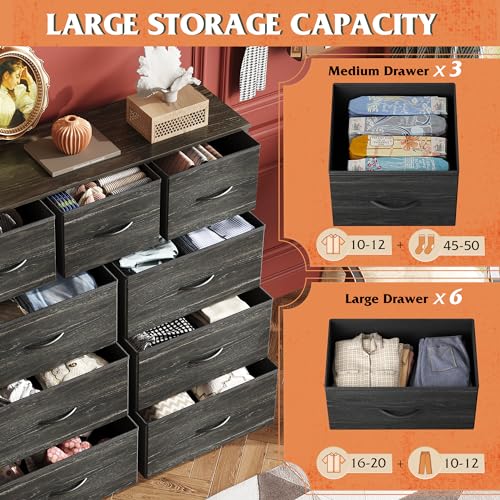 WLIVE Tall Dresser for Bedroom, 9 Drawer Chest of Drawers, Black Wood Grain - color: Charcoal Black Wood Grain Print