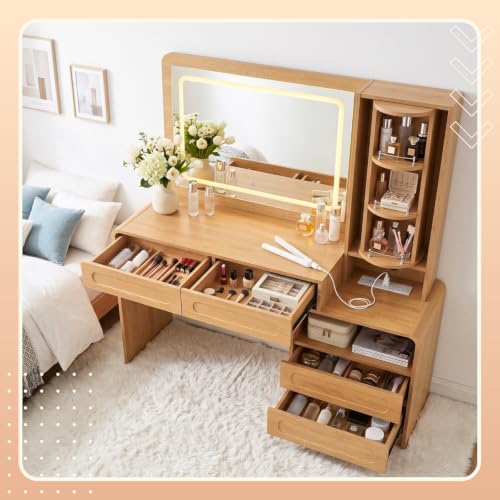 Mojztezy Modern Vanity Desk with Mirror, 4 Drawers Storage, Rotating Jewelry Organizer and USB-C Charging Station for Bedroom Dressing Room