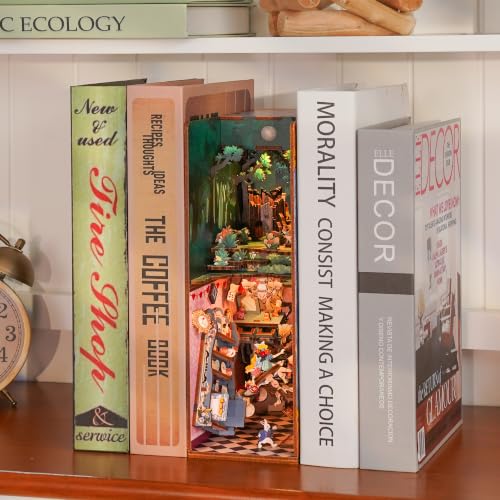 Tonecheer DIY Book Nook Kit for Adults,3D Wooden Puzzle Bookend Bookshelf Insert Library Decor, Booknook Miniature House Kit with Body Motion Sensor LED Light (Step into Wonder) - color: Step into Wonder