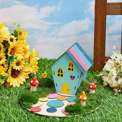 Kathfly 8 Sets Wooden Fairy House DIY Kit, Craft, Fairy House - color: Fairy House