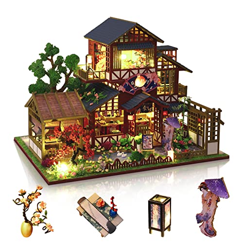 GuDoQi DIY Miniature Dollhouse Kit, 1:24 Scale Tiny House with Music Plant, Model Craft Kit for Adults, Great Handmade Gift for Birthday Christmas Day, Japanese Villa Courtyard - color: Multicolored a
