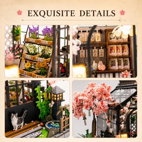 Roroom DIY Miniature House Kit, Dollhouse Kit with Dust Cover & LED Lights - color: Spring Sakura Greenhouse