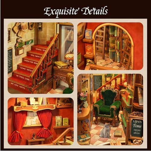 Tonecheer DIY Book Nook Kit for Adults, 3D Wooden Puzzle Bookend Bookshelf Insert Library Bookstore Model Decor, Booknook Miniature Dollhouse with Sensor LED Light for Gifts (Left Bank Bookstore) - color: Left Bank Bookstore