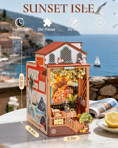 Rolife DIY Book Nook Kit Sunset Isle, 3D Puzzles Coastal Sunset Theme Miniature House Kit, Lemon Tree & Seaside View Decor for Bookshelf, Creative Gift for Adults - color: Sunset Isle