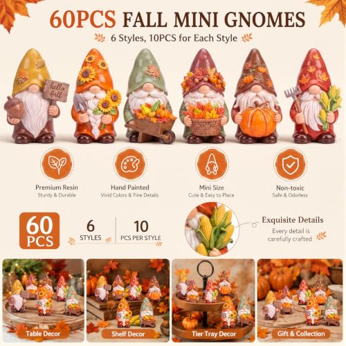 Yaomiao 60 Pcs Mini Fall Harvest Gnomes Figurines Bulk Resin Gnomes Statues - style: Fall Harvest
