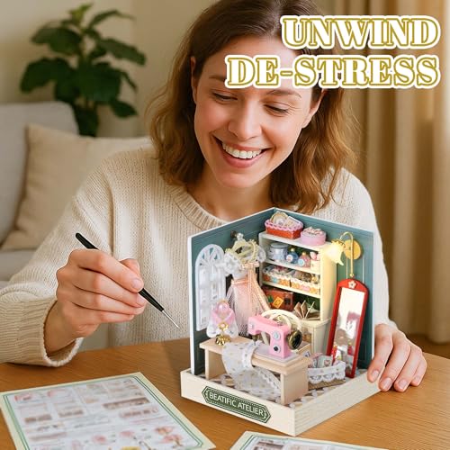 Kisoy Dollhouse Miniature with Furniture Kit, DIY 3D Wooden DIY House Kit with Dust Cover,Handmade Tiny House Toys for Teens Adults Gift (Beatific Atelier) - color: Beatific Atelier