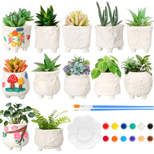 Hushee 12 Sets Ceramic Succulent Pots to Paint with Drainage - color: Flower