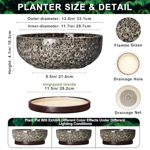 13 Inch Ceramic Bonsai Tree Pot with Saucer, White Leopard - color: White Leopard, size: 13 Inch