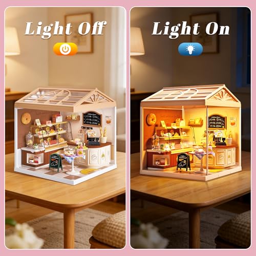 Bread Shop Miniature House Kit with LED Light, 87 Pcs DIY Mini Dollhouse with Roof & Dust Covers for Mini Figures Tiny House Toy for Adults - color: Bread Shop