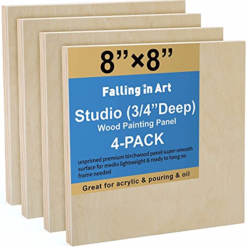 Falling in Art 4 Pack 8x8’’ Unfinished Birch Wood Panels Kit for Painting - size: 8'' x 8'' Studio