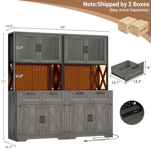 Unikito 71" Tall Kitchen Pantry Storage Cabinet with LED Light & Outlets - color: Enoch Walnut, size: 63 Inch