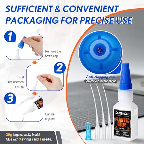 Dreyoo 20g Plastic Model Glue for Miniature with 3 Syringes,1 Needle