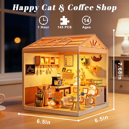 Cat Cafe Miniature House Kit with LED Light, DIY Mini Dollhouse with Roof & Dust Covers for Mini Figures Tiny House Toy for Adults Kids Girls - color: Cat Cafe