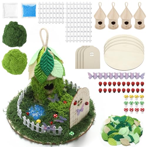 Foilswirl 4 Sets DIY Fairy Garden Kit Make Your Own Wooden Fairy House Craft Kit Mini Garden Accessories Micro Mushrooms Fence Moss Ornaments Craft for Outdoor Indoor Mini House Decor