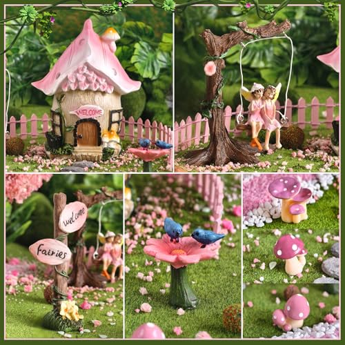 DONABELA Fairy Garden Decor Kit Pink Resin Miniature House Figurines Set Swing Directional Sign Bird Drinking Pool Fence Little Mushroom Outdoor Tiny Accessories Supplies - style: Petal house