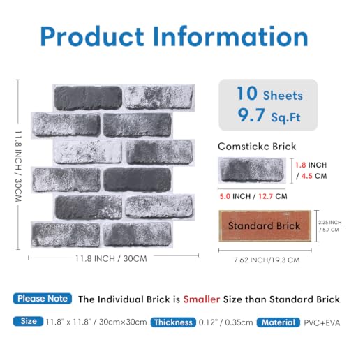 COMSTICKC 3D Faux Brick Wall Panels Peel and Stick, 10 Pcs 11.8" x 11.8" - color: Gray Brick