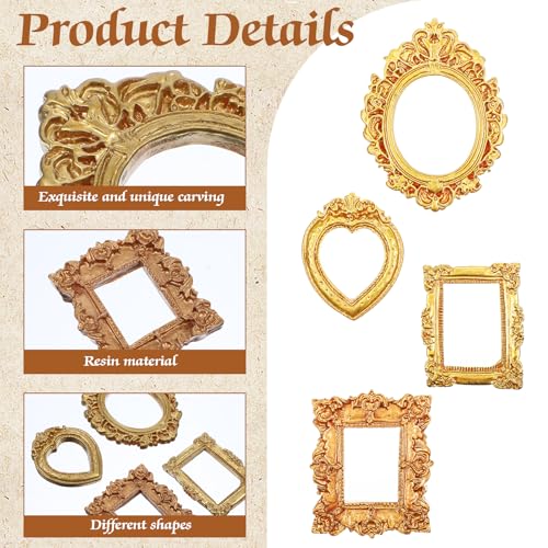 60Pcs Mini Vintage Gold Picture Frames, Small Resin Antique Frames for DIY Crafts, Jewelry Display, Tabletop Wedding Decor, and Photography Props (4 Styles, Oval, Rectangle, Heart)