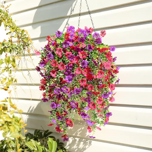 Artificial Hanging Flowers for Outdoors UV Resistant Spring Decor - color: Mixed Color Fuchsia Purple