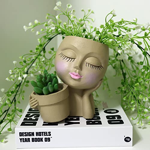 Dolkgy Face Planters Pots Head Planter, Unique Plant Pots for Indoor Outdoor Plants, Novelty Cute Large Girl Head Flower Pots with Drainage Hole for Home Garden Succulents Cactus - color: C1-khaki
