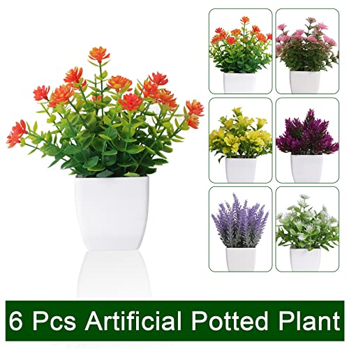 Yoratee 6 Pack Small Fake Plants Mini Artificial Faux Flowers with Pot Mini Potted Plants for House Office Desk Tabletop Decoration - color: A-colorful-6pcs