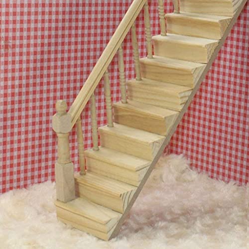 Miniature Stairs 1:12 Scale Dollhouse Furniture Wooden Handrail DIY Unpainted Staircase Dollhouse Accessories Pre-Assembled Steps Model (Left-Handrail) - style: Left-Handrail