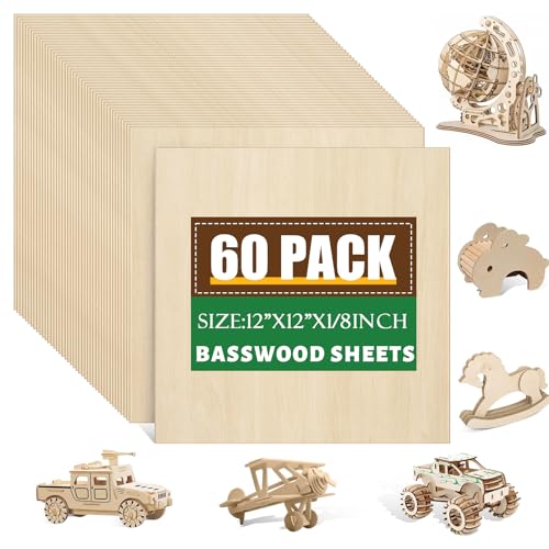 60 Pack Basswood Sheets 12x12x1/8 Inch for Crafts，Unfinished Wood for Laser Cutting & Engraving，Wood Burining，Plywood for Architectural Models. - size: 60P 12x12x1/8in