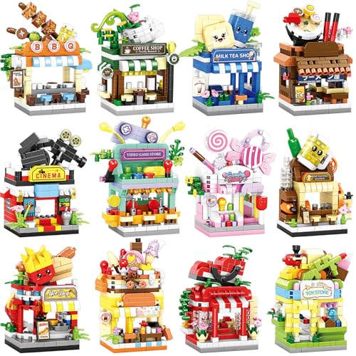 12 PCS Mini Street View Building Bricks Set, Modular City Shop Model, DIY Tiny Town Collection, Aesthetic Tabletop Decor, Holiday & Birthday Gifts for Adults - color: Vibrant