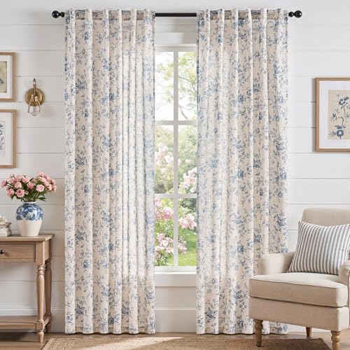 jinchan Linen Curtains 84 inch Blue Floral Farmhouse Rod Pocket 2 Panels - color: Amlie Blue, size: 50"W x 84"L (Pack of 2)