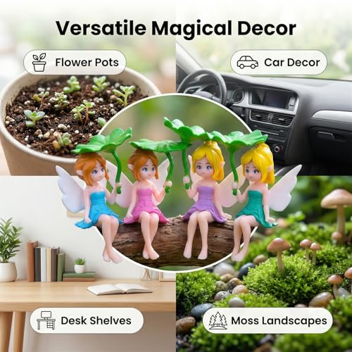 Miniature Fairy Accessories - Small Figurines, Flower Pot & Fairy Garden, Home, Desk Shelf, Moss Landscapes, Car Decor, Compact Gift for Enthusiasts, 4 Pieces (Fairy - Lotus Leaf)