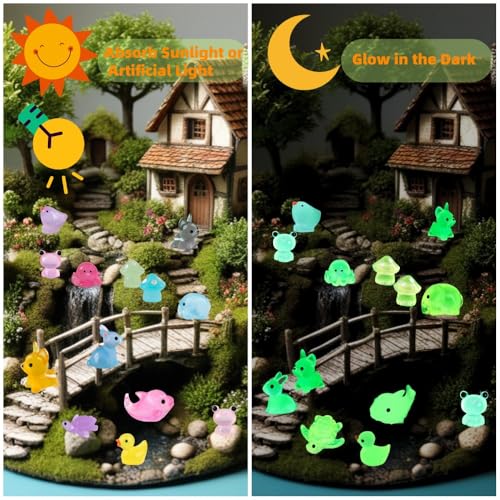 100 Pcs Luminous Mini Resin Animals, Tiny Miniature Sea Animal Figurines Glow in Dark for Crafts Landscape Miniature Garden Decor Accessories, Small Duck Frog Dog Turtle 10 Combinations