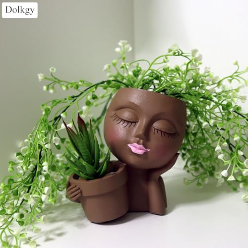Dolkgy Face Flower Pot Head Planter, Face Planter Black Woman Unique Planters for Indoor Outdoor Plants, Novelty Plant Pots Lady Head Vase with Drainage Hole for Home Garden Succulents Cactus - color: C1-black