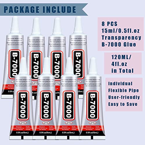8pcs x15ML B7000 Jewelry Rhinestones Glue, B-7000 Clear Super Glue Transparent Industrial Adhesive for Phone Repair Jewelery Making Crafts Gem Fabric Metal Nail Art Stone Wood Glass - style: B7000 8pcs x 15ml