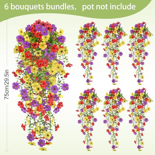Artificial Flowers for Outdoors Spring Decor, 6 Bundles UV Resistant Realistic Faux Silk Hanging Flowers, Fake Plants for Planter Indoor Outside Garden Porch Patio Balcony Yard Farmhouse（Mix） - color: Mixed Color Red, Yellow & Purple