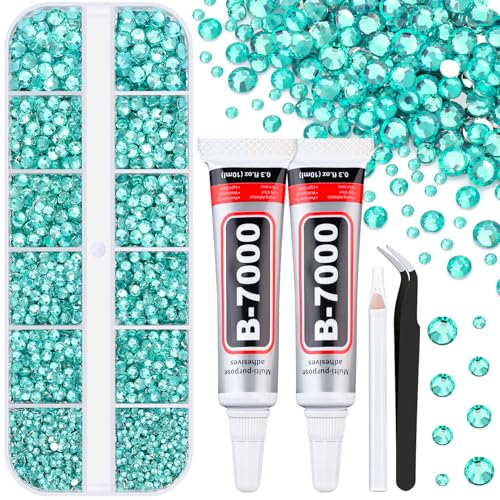 6100Pcs Resin Rhinestones for Crafting with 2Pcs 10ml B7000 Jewelry Glue, 1 Box Flatback Crystals Diamond (Aquamarine) for Bedazzling Crafts DIY Nail Art，Non Hotfix Gems for Clothing Shoes Tumblers - color: Aquamarine, size: 1 Small Pack + 2Pc Glue