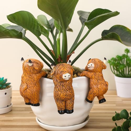3 Pcs Highland Cow Figure Plant Pot Hanger, Resin Climbing Flower Figurine