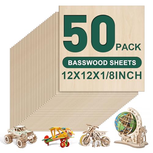 50 Pack Basswood Sheets 1/8x12x12 Inch 3mm Basswood for Laser Cutting, Drawing,Wood Burning, Architectural Models.Plywood Sheets Unfinished Wood Sheets for DIY Crafts. - size: 50P 12X12X1/8in